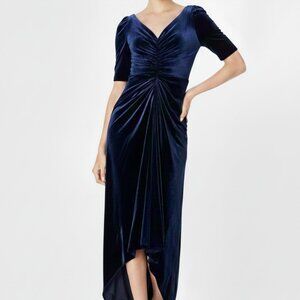 Navy Blue Velvet High-Low Dress Ruched V-Neck Wedding Guest Formal Cocktail Sz 8